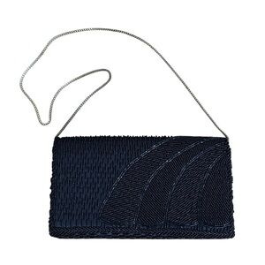 Vintage 1950s Black Beaded Evening Bag Gold Chain Strap, Art Deco Clutch Purse